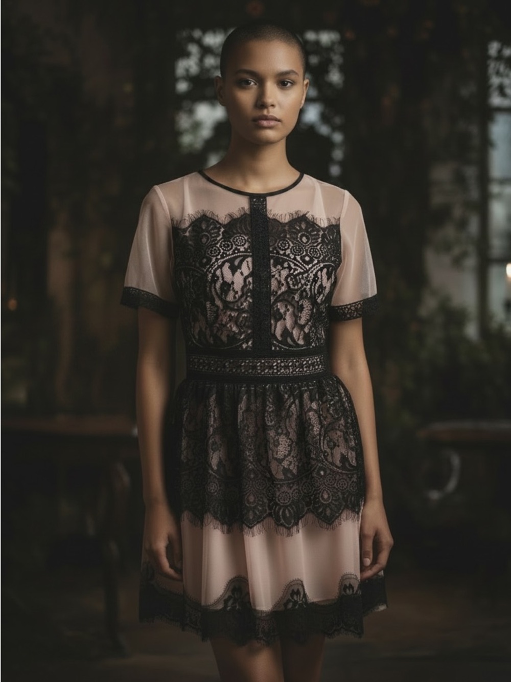 Elegant Sheer Lace Overlay Pink & Black Midi Cocktail Dress Romantic Whimsigoth
